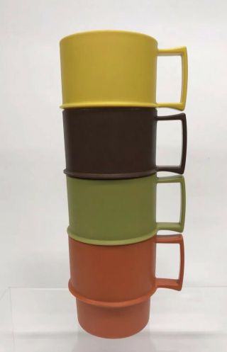 Tupperware 4 Vtg Harvest Coffee Mugs Cups Stackable Brown Orange Yellow Green