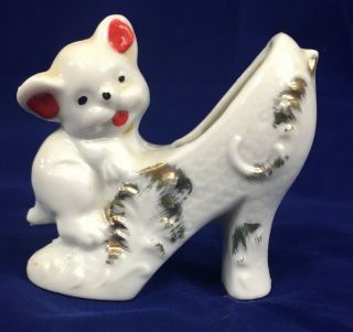 D - Japan Ceramic Floral Shoe With Decorative Kitten Cat Sitting Top Vintage