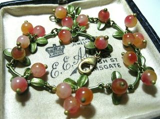Gorgeous Vintage Style Art Deco Real Agate Stone Bead Berries Enamel Bracelet