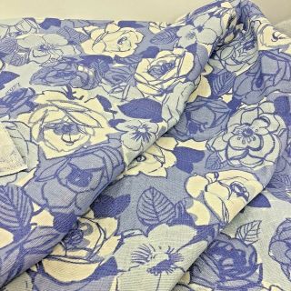 Vintage Mod Fabric Blue Floral 3 Yards 35” Wide Woven Cotton Drapery