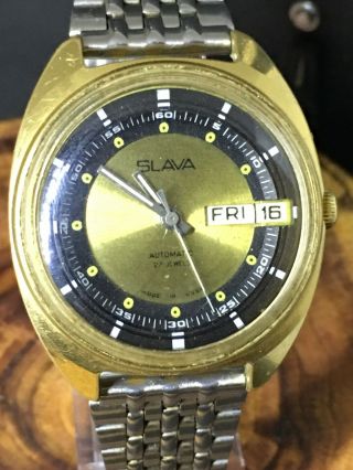 Soviet Ussr Vintage Slava Automatic 27j Wrist Watch Gold Plated Date 2427