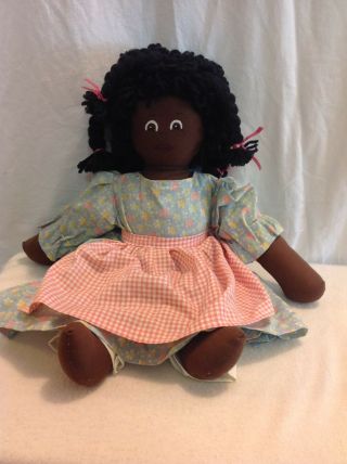 19 " Handmade Vintage Folk Black Cloth Rag Doll Yarn Hair Painted Face W/ Apron