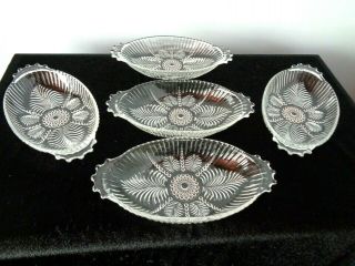 Set Of 5 Vintage Hobnail Footed Clear Glass Oval Ice Cream Banana Boat Dishes