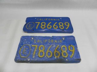 1970s Blue Vintage California " E " Exempt License Plates Pair Bent Originals
