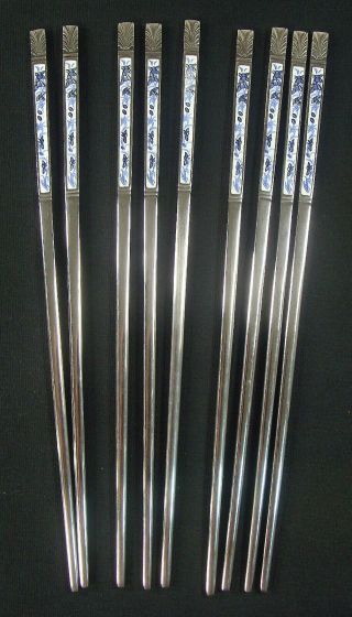 Vintage Solid Flat Metal Stainless Steel And Glass Enamel Chop Sticks 8 "