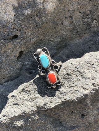 Vintage Pawn Native American Sterling Silver Coral & Turquoise Ring 5.  25