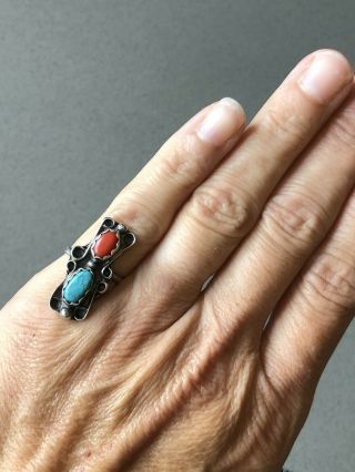 Vintage Pawn Native American Sterling Silver Coral & Turquoise Ring 5.  25 2