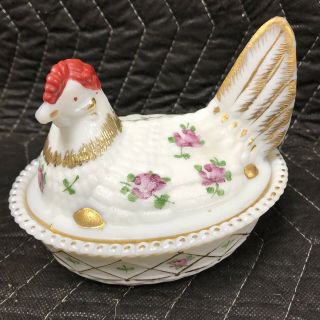 Vintage Westmoreland Hen On A Nest White Milk Glass Hand Painted Floral & Gold