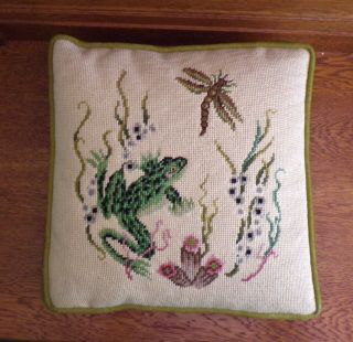 Estate Needlepoint Accent Pillow - Pond Frog,  Fragonfly Mid Cent.  Vintage