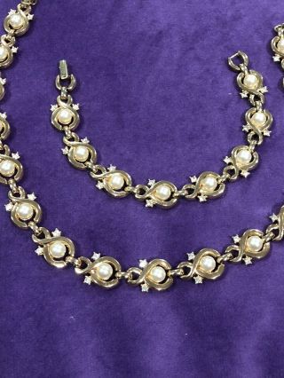 Vintage Gold Tone Matching Trifari Necklace Bracelet Pearl Beads & Rhinestones
