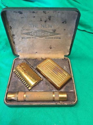 Vintage The Gillette 3 Pc Razor Gold W/case Blade Box Pat 17567 C 1930s