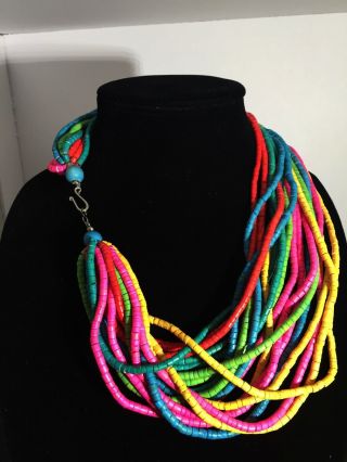 VINTAGE 70 ' s Bright Multi Colored Wood Bead 20 Strand Torsade Style Necklace 2