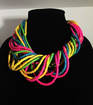 VINTAGE 70 ' s Bright Multi Colored Wood Bead 20 Strand Torsade Style Necklace 3