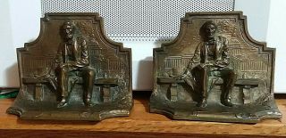 Antique Art Deco Solid Bronze Book Ends Vintage Abraham Lincoln Seated On Bench