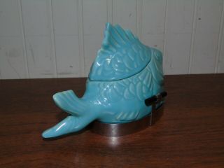 VINTAGE CHICKEN OF THE SEA TUNA BAKER w/ RACK BLUE BAUER CALIFORNIA POTTERY NOS? 2