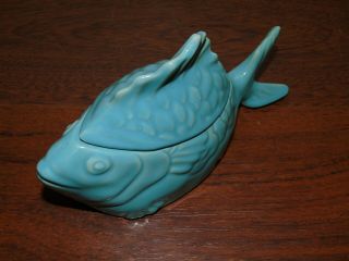 VINTAGE CHICKEN OF THE SEA TUNA BAKER w/ RACK BLUE BAUER CALIFORNIA POTTERY NOS? 4