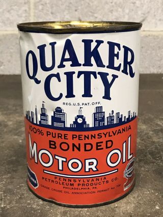Vintage Quaker City Motor Oil Quart Can Gas Oil Pennsylvania Pa Empty