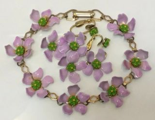 Vintage Retro 60’s Enamel Metal Bracelet Clip Earrings Purple Violet Flowers Set