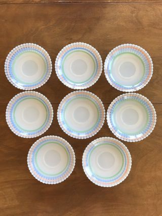 Vtg MacBeth Evans Petalware Saucer Plates Pastel Band Pink Blue Green Stripes 2