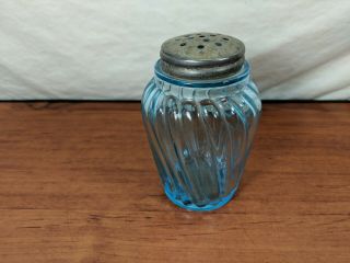 Vintage Mid - Century Blue Swirl Glass Talc Sugar Cheese Shaker W/ Tin Lid