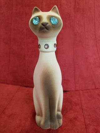 Vintage California Pottery Siamese Cat Figurine Rhinestone Eyes & Collar 6 1/2 "