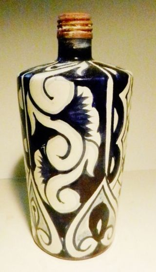 Hand Painted Blue White Floral Scrolls Terra Cotta Bottle - Portugal - Vintage