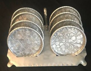 Vintage Everlast Hand Forged Hammered Aluminum Coasters Set Of 8 Floral Dogwood