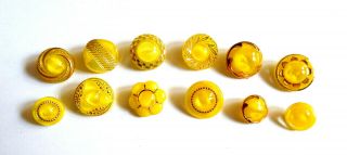 12 Vintage German Glass Moonglow Buttons With Gold Luster - Yellow 3/8 " - 3/4 "