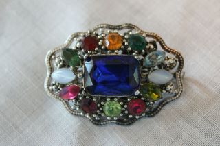 Vintage Antique Silver Toned Faceted Multi Colored Rhinestones Brooch Pin 2 "