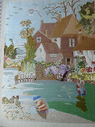 Vintage Hand Embroidered Picture Of Riverside,  English Country Cottages & Gardens
