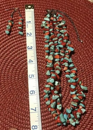 Estate Rare Vintage Artisan Turquoise Coral Stone Necklace 18” Earring Set