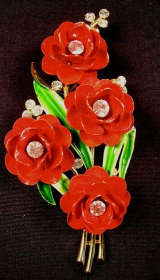 Vintage Crown Trifari Enamel Flower Bouquet Brooch Pin Rhinestones Gold Tone