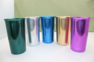 Vintage Set Of 5 Sunburst Multi Color Anodized Aluminum Drink Glasses