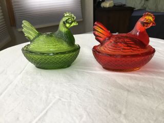 Vtg Le Smith Green & Red Art Glass Hen On A Nest Covered Dish Chicken Country