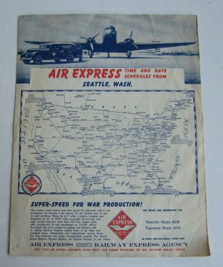 Old Vintage 1943 Wwii - Air Express - Seattle Wash.  - Time And Rate Schedule