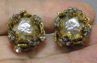 Vtg Jewelry Pair Miriam Haskell Earrings Baroque Pearl Rhinestones Screwbacks