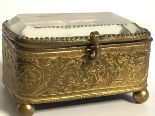 Antique Or Vintage Jewelry Casket Box Beveled Crystal Glass Gold Guilded Metal