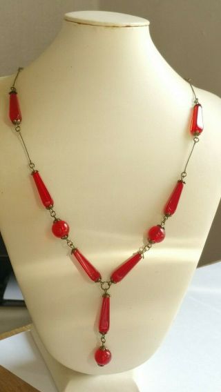 Czech Red Glass Bead Tassel Necklace Vintage Deco Style