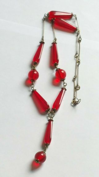 Czech Red Glass Bead Tassel Necklace Vintage Deco Style 2