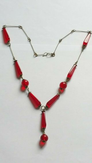 Czech Red Glass Bead Tassel Necklace Vintage Deco Style 3