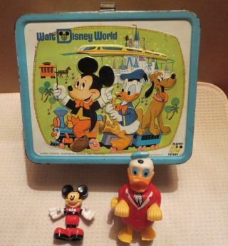 Vintage 1970s Disney World Lunch Box Wind - Up Donald Duck Toy Mickey Mouse