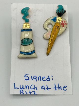 Vintage Lunch At The Ritz Goldplate Enamel Artists Paint & Brush Earrings Wow