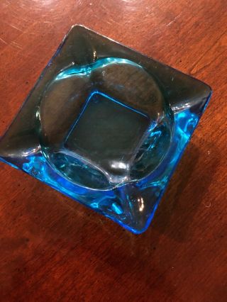 Vintage Mid - Century Blue Square Art Glass Ash Tray 4 1/2 Inch