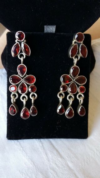 Vintage Jewellery 925 Silver And Dark Red Earrings For Pierced Ears 15 Grams