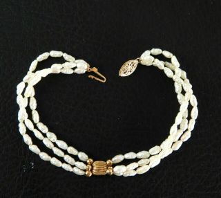 Vintage Solid 14k Yellow Gold 3 Row Rice Pearl Bracelet Fine Jewelry 7.  5