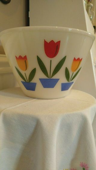 Fire King Tulips Kitchen Mixing Serving Bowl Vintage Ivory Primary Colors Evc