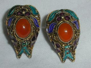 Vintage Chinese Export Silver Carnelian Cloisonne Filigree Earrings