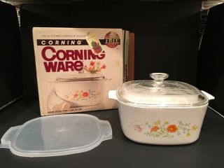 Vintage Corning Pyrex Wildflower Casserole W/2 Lids And Box 3 Quart A - 3 - B