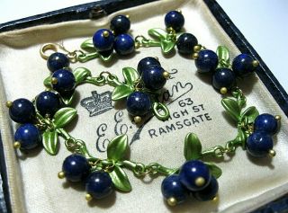 Gorgeous Vintage Style Real Lapis Lazuli Stone Bead Blue Berries Enamel Bracelet