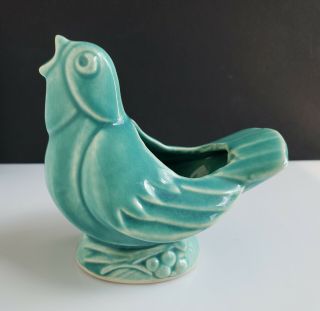 Vintage 1940s Nelson Mccoy Pottery Turquoise Singing Bird Planter Vase,  4.  5 " H